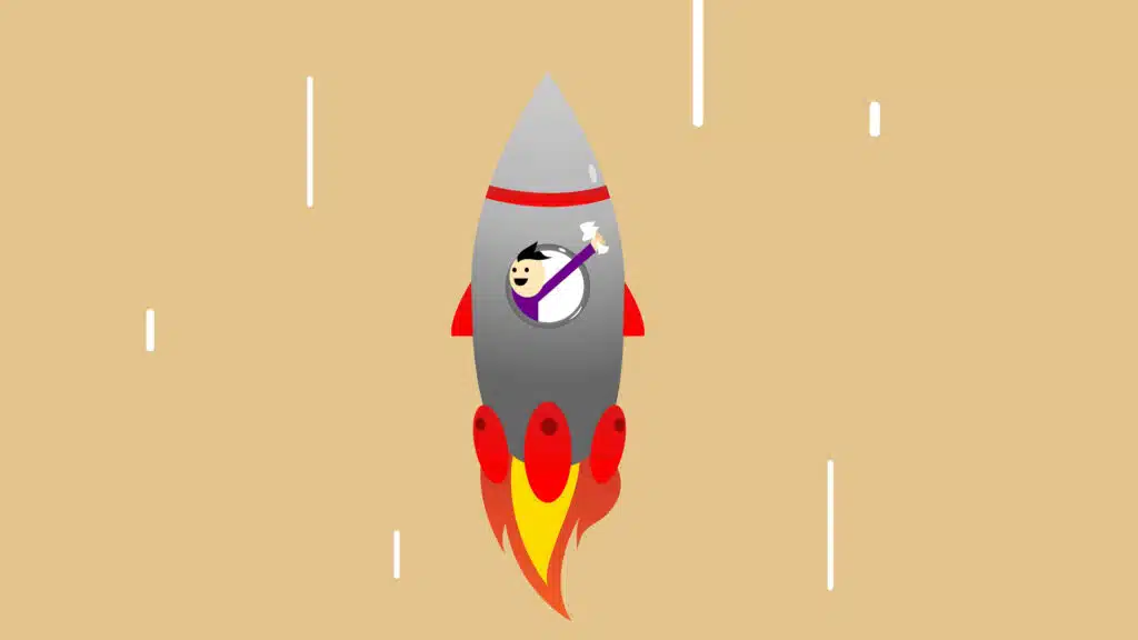 a illustration of a man in a rocket holding papers in his hand